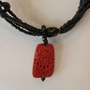 17"New Red Cinnabar Pendant 5Strand Seed Bead Feng Shui Prosperity Lacquer Resin